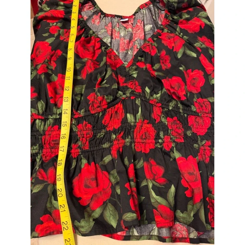 Old Navy Floral Smocked Babydoll Top XL Red Rose Print Puff Sleeve Boho